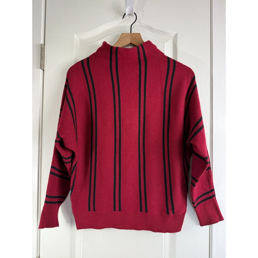 Magaschoni Women's Ribbed Mock Neck Dolman Sweater Red Black Stripe Size S